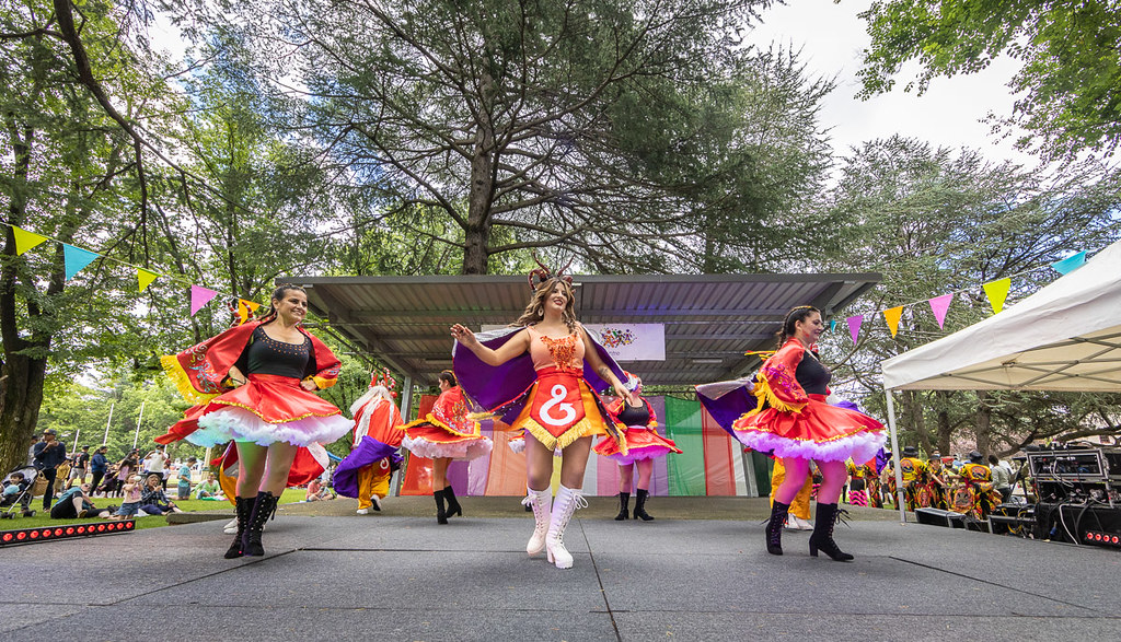 Cultural dancers on a stage performing at the Queanbeyan Multicultural Festival