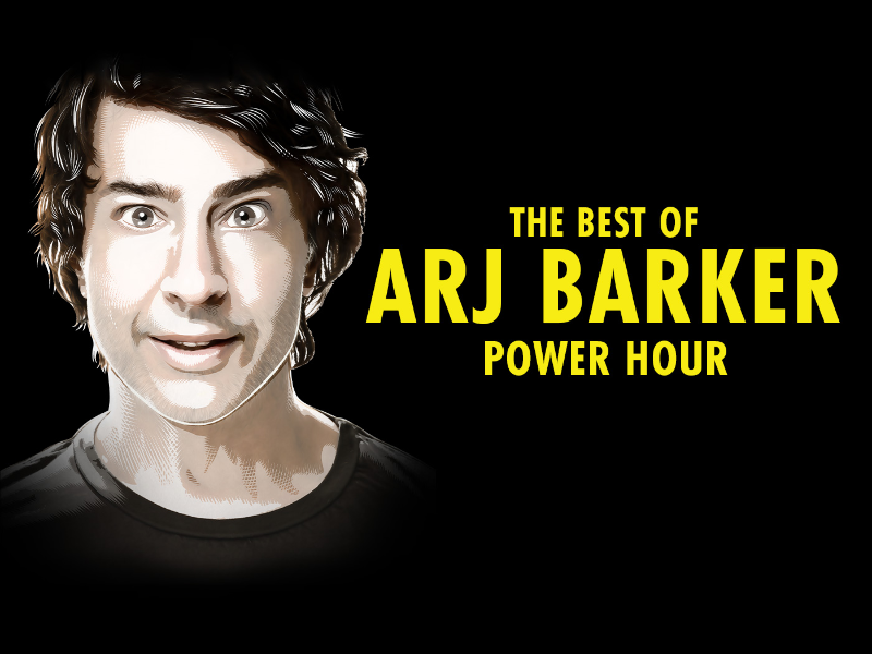 Flyer for The Best of Arj Barker show featuring a digital image of the comedian against a black background