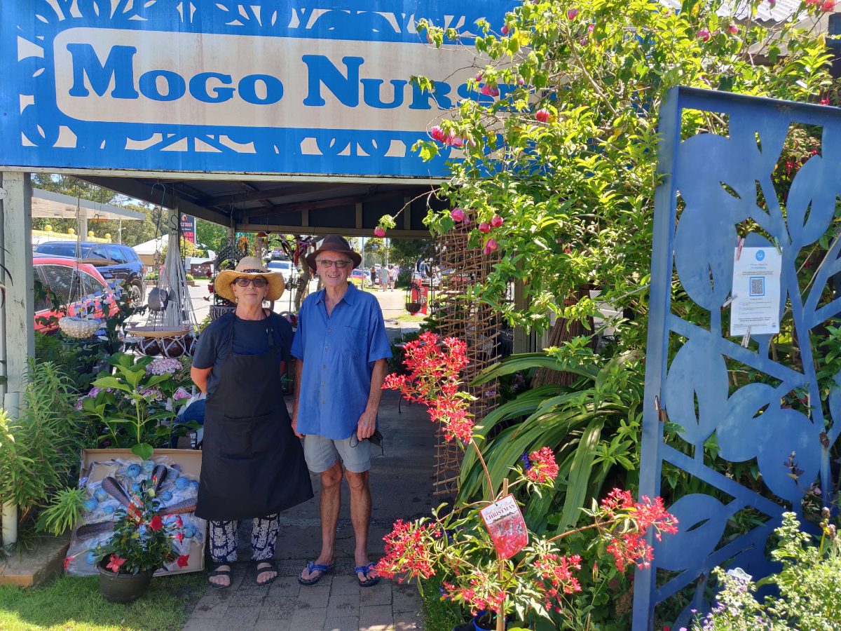 Mogo Nursey owners Gayle Smith and Phil Mayberry standing at the public facade of their nursery.