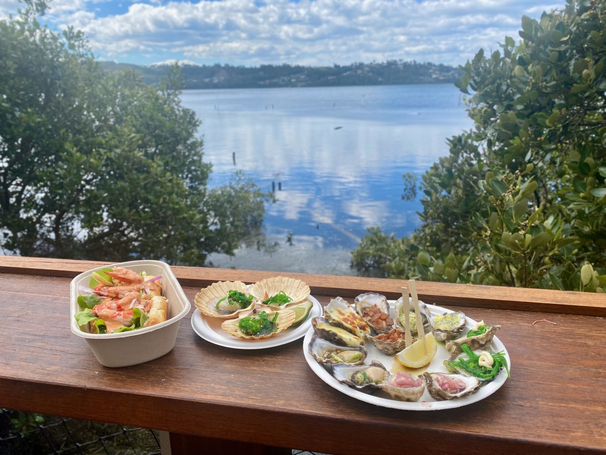 three plates of seafood on a bar overlooking the lake.