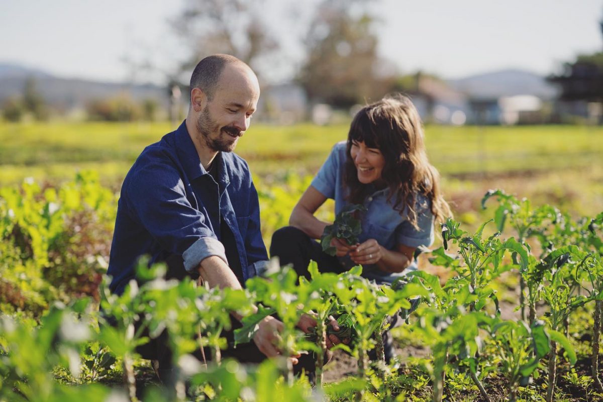 Two people smile surrounded by vegetable plants.
