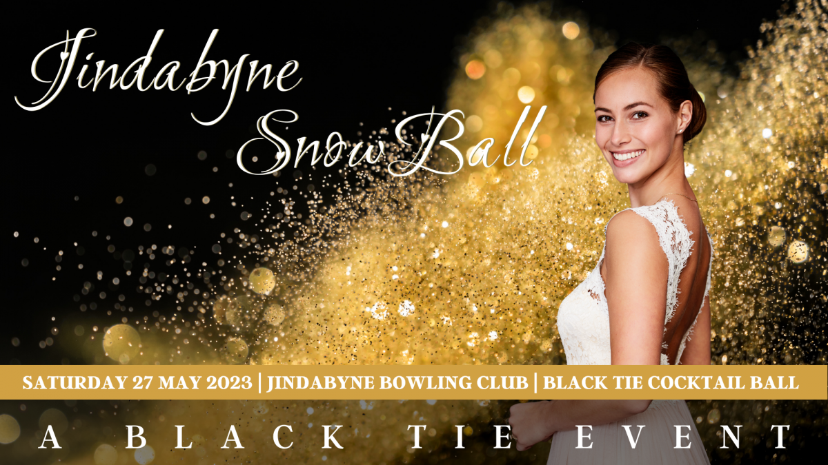 A woman in a white dress on a black and gold background turning to look at the camera, along with text advertising the Snow Ball