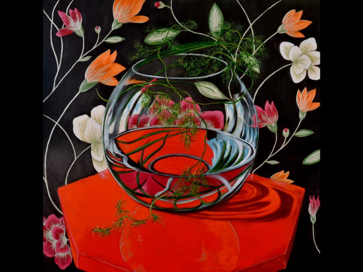 An artwork by Karen Sedaitis, featuring a fishbowl and flowers on a red table