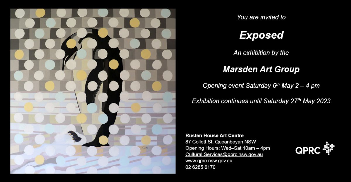 A flyer for the 'Exposed' exhibition, featuring work by Val Gee on the left side