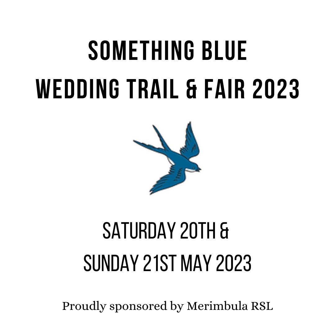 A poster for the Something Blue Wedding Trail and Fair, with black text and a blue bird on a white background