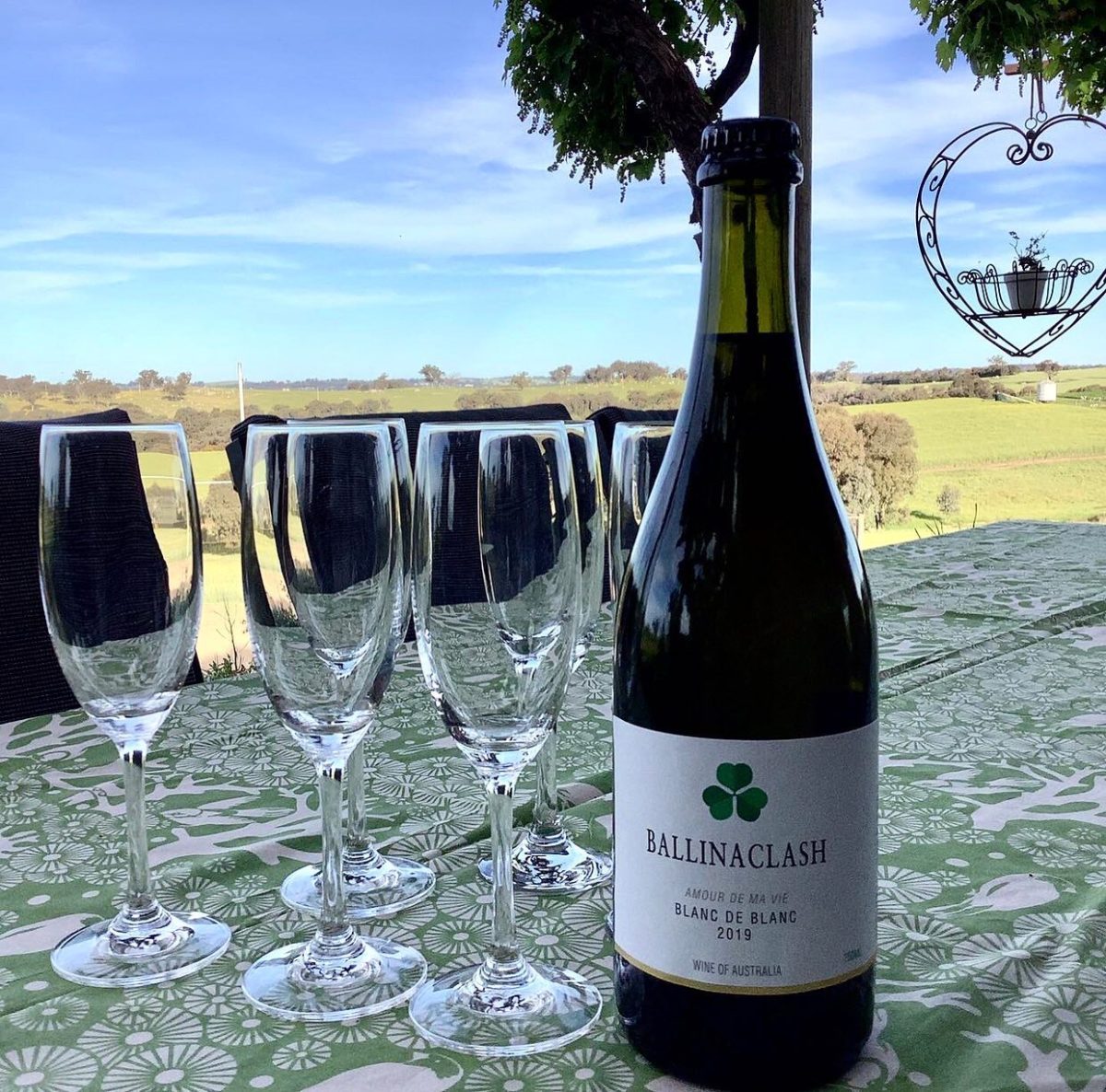 A bottle of Ballinaclash wine next to several glasses, with blue sky behind them