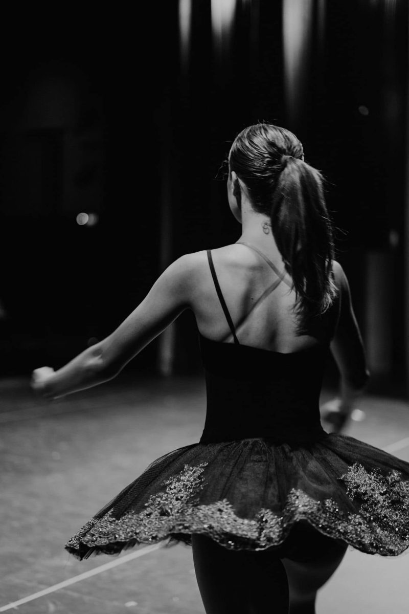 A black-and-white photo of a ballerina in a tutu