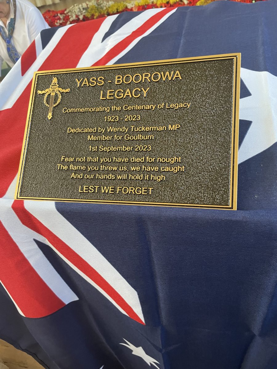 The plaque marking 100 years of Legacy in Australia will be erected outside the Memorial Hall in Yass.