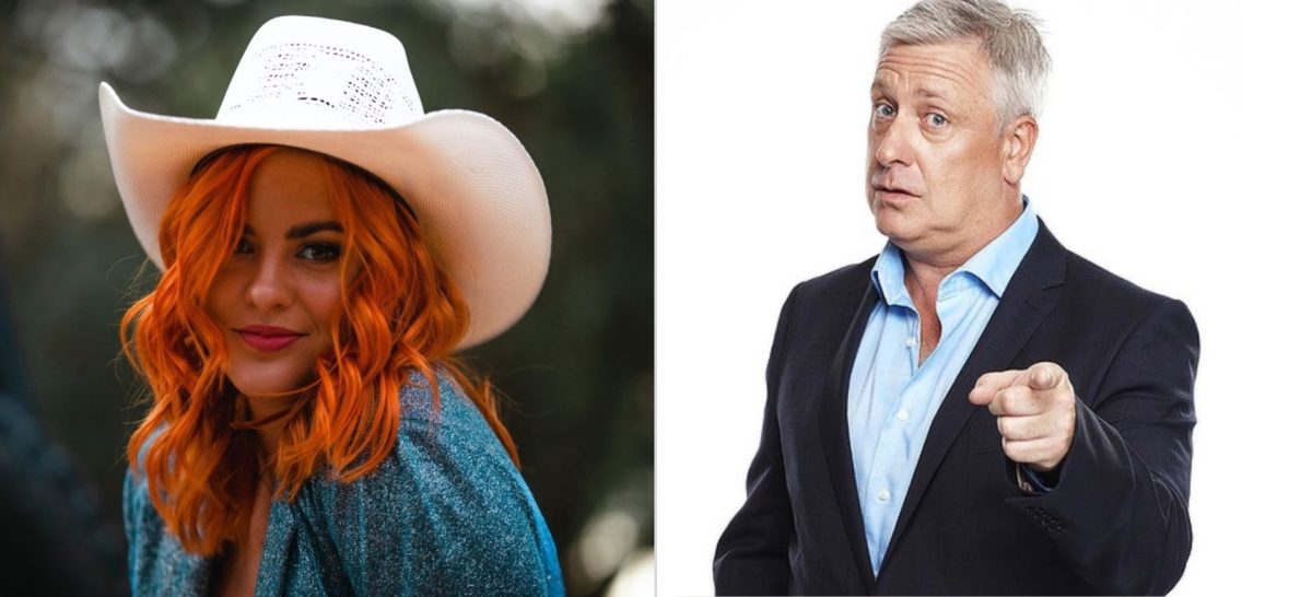Taylor Moss with red hair and a cowboy hat on the left, and Ian Dickson in a suit on the right.