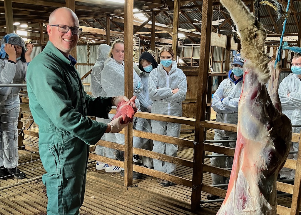 Vet Dr Will Lucas talks about veterinary science at the Australian Agriculture Centre Farm, Crookwell, during a course aimed at getting high school students interested in a career in the profession.