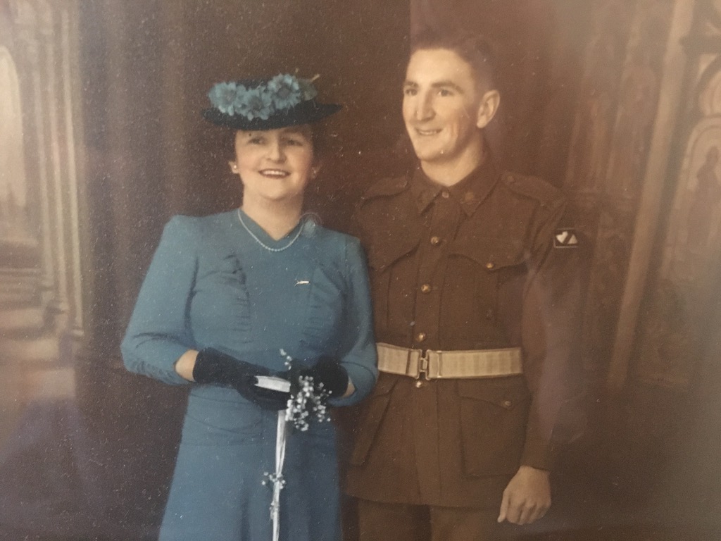 Jean with husband Bill Bowerman on their wedding day, holding a bouquet made by the Sisters of St Joseph.