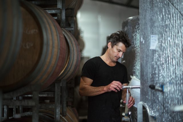 a winemaker taking a sample from a vat