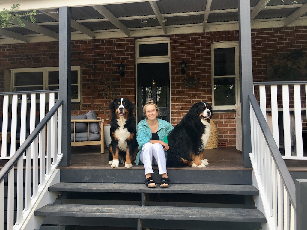 woman and dogs sitting on house steps