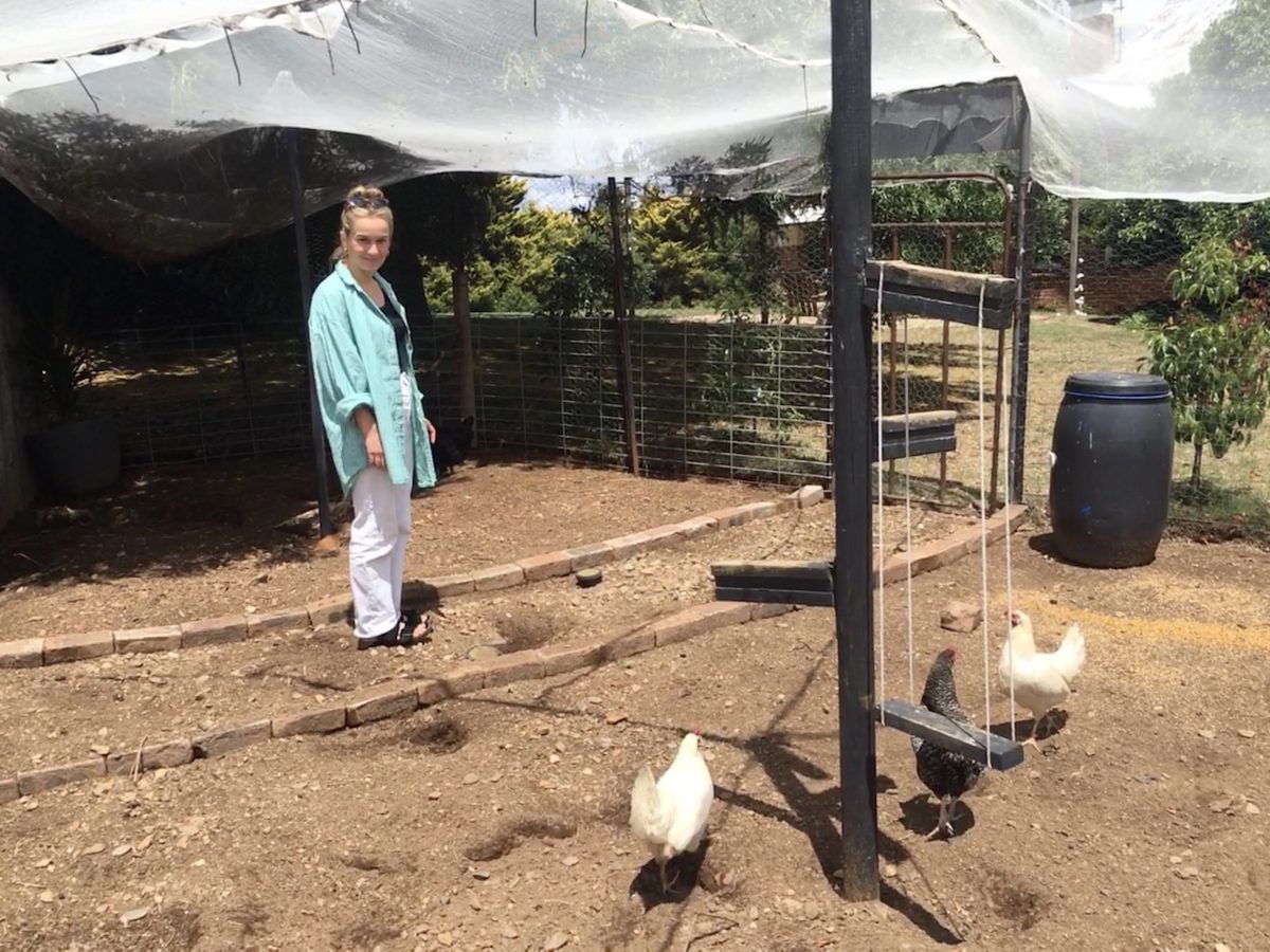 woman and chicken coop