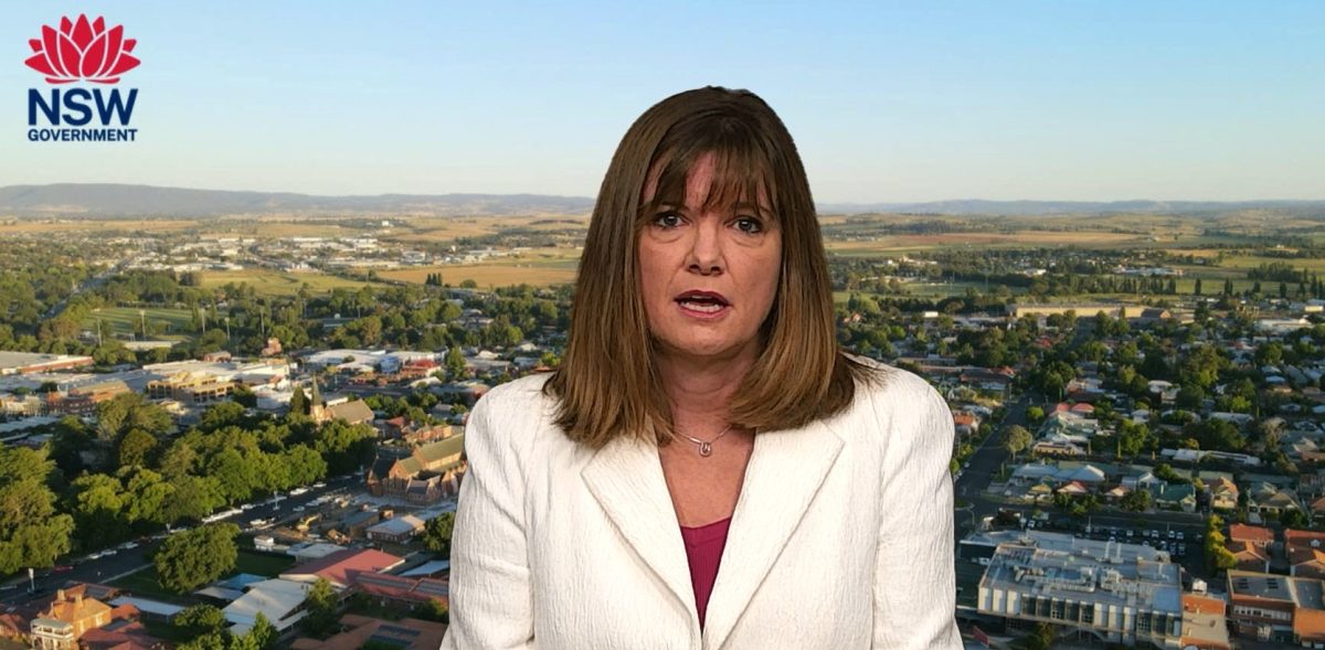 Sally in office attire speaking to the camera with a green screen behind her showing regional country, and a NSW Gov logo in the top left. 