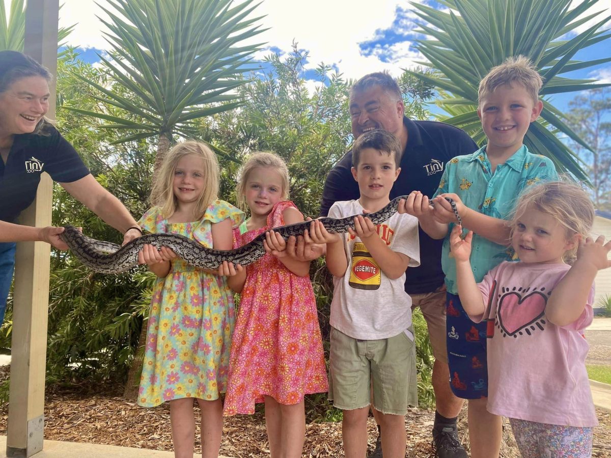 A line of children holding a snake.