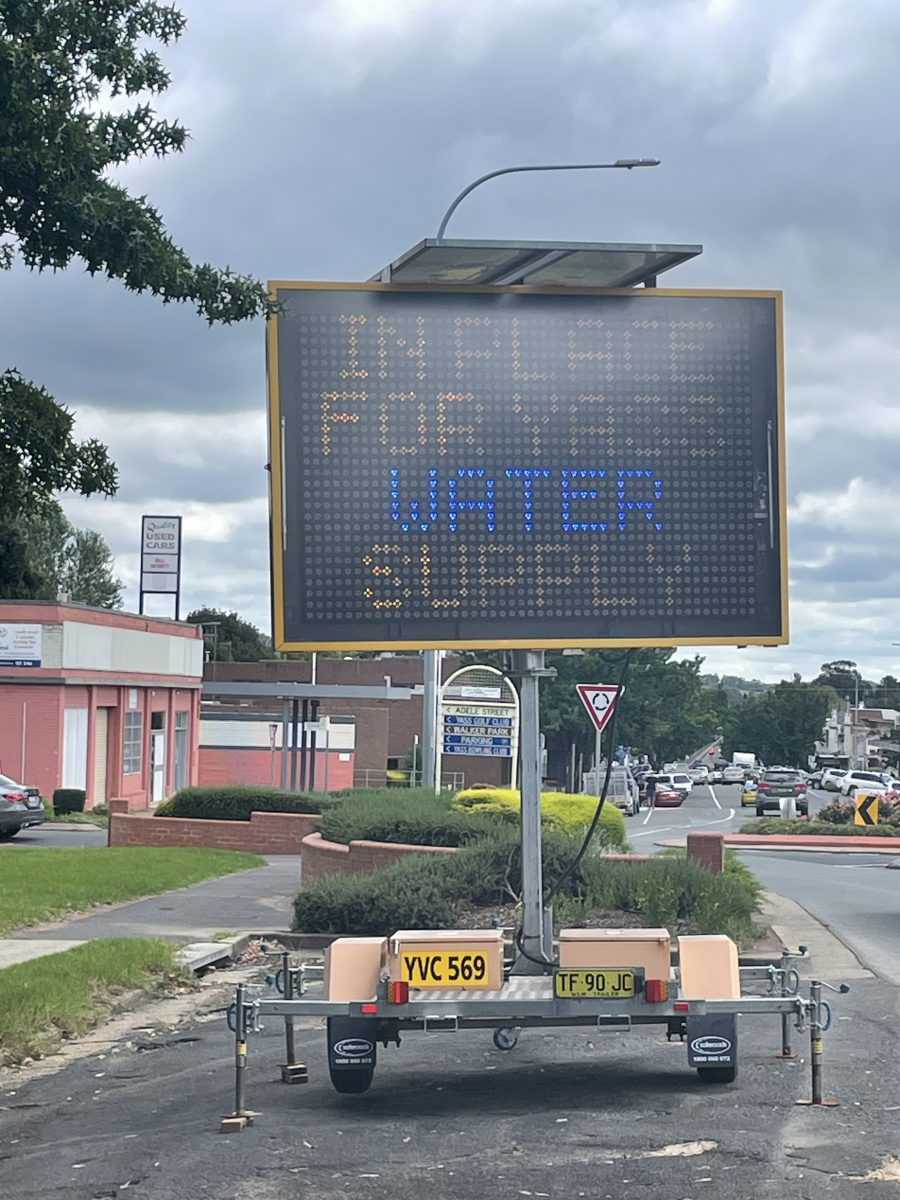Electronic water alert sign in main street of regional town