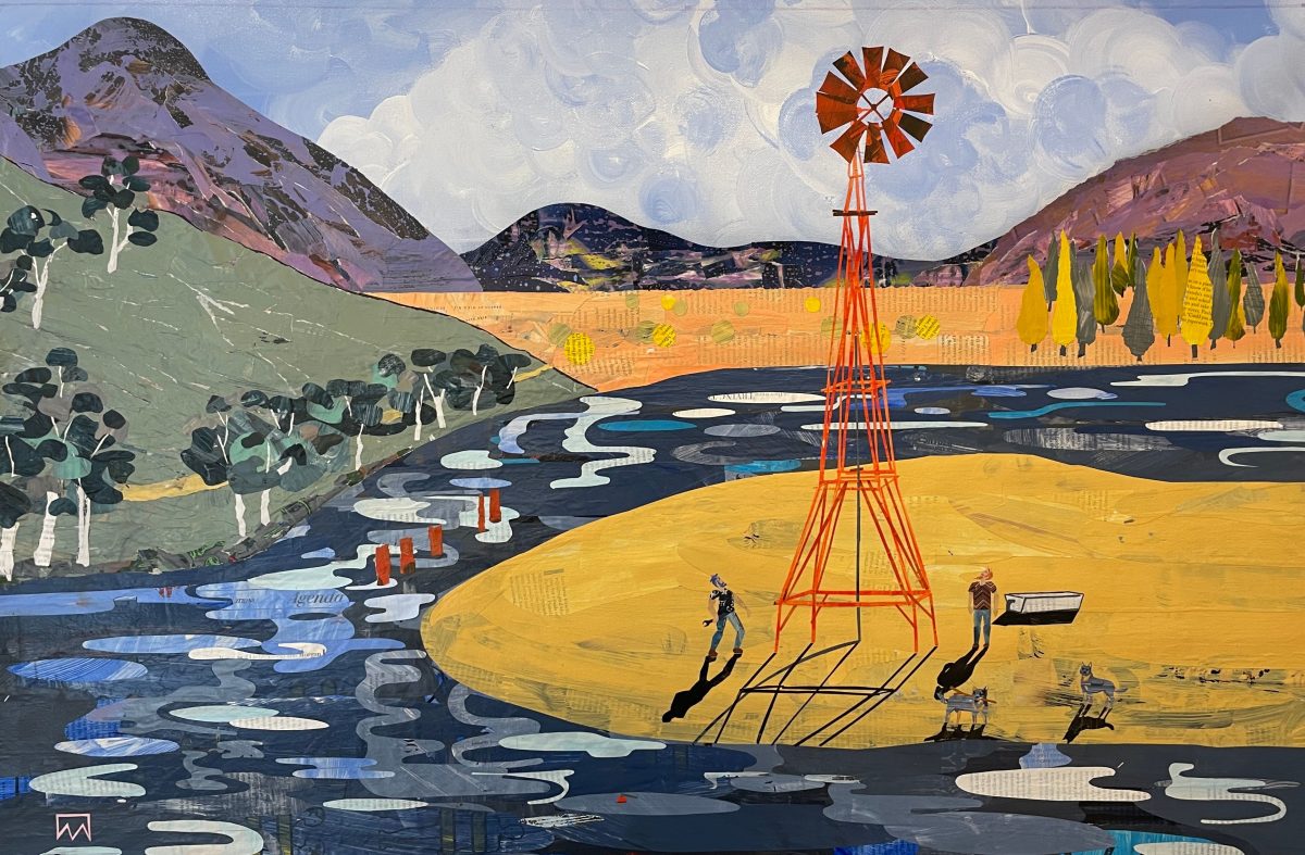 Painting of river with windmill and mountains in background