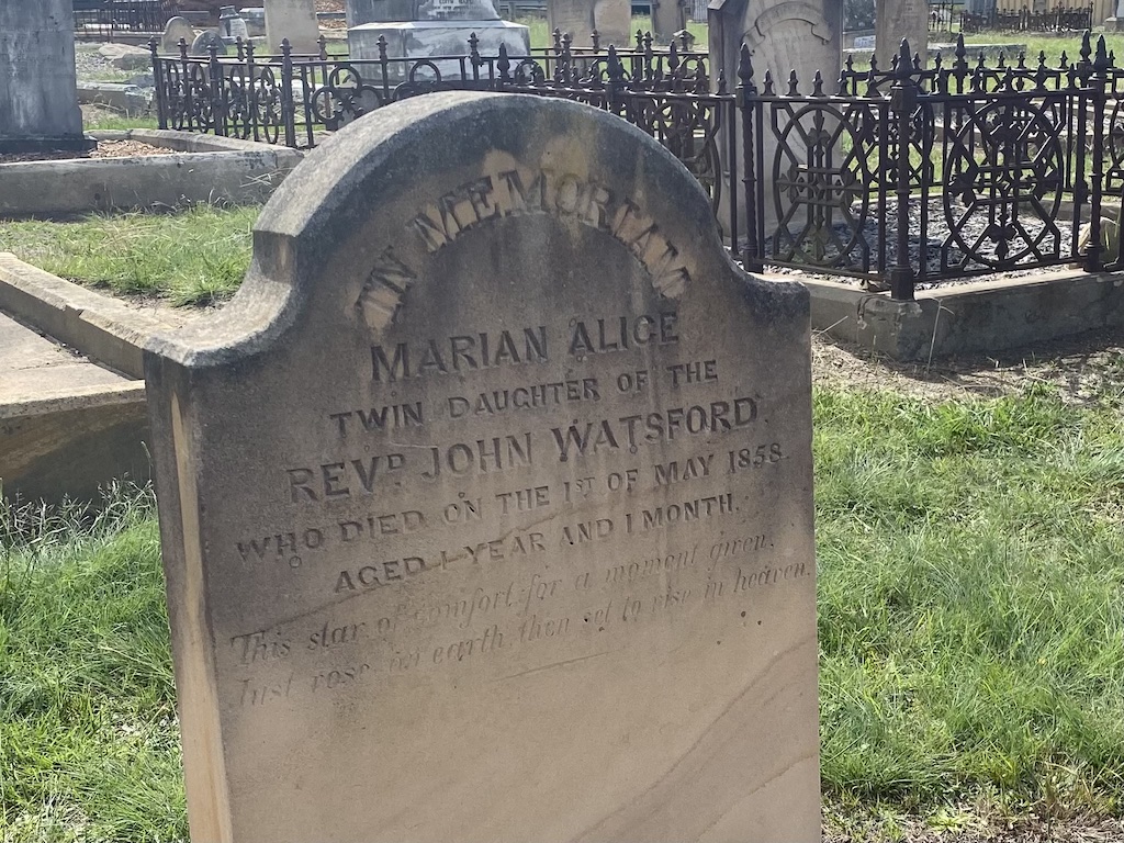 Marian Alice Watsford, the daughter of a Wesleyan Minister and his wife, died when she was aged one.