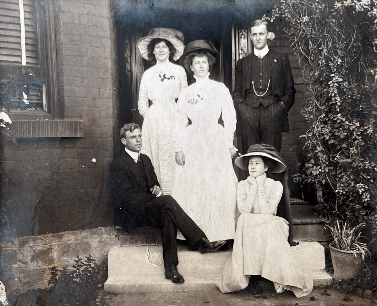 Kathleen, Marion and Edward Bryden, all standing on Birklees verandah in April 1914, with two of their friends 