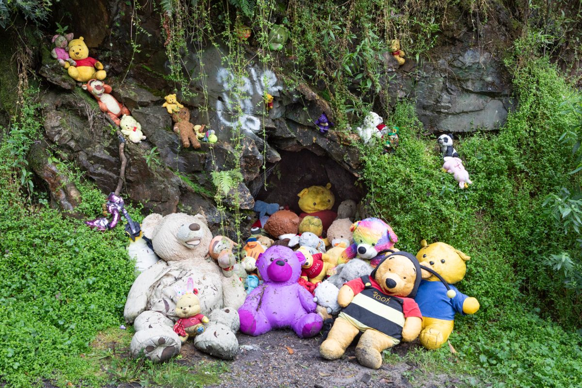 Stuffed toys left near a cave