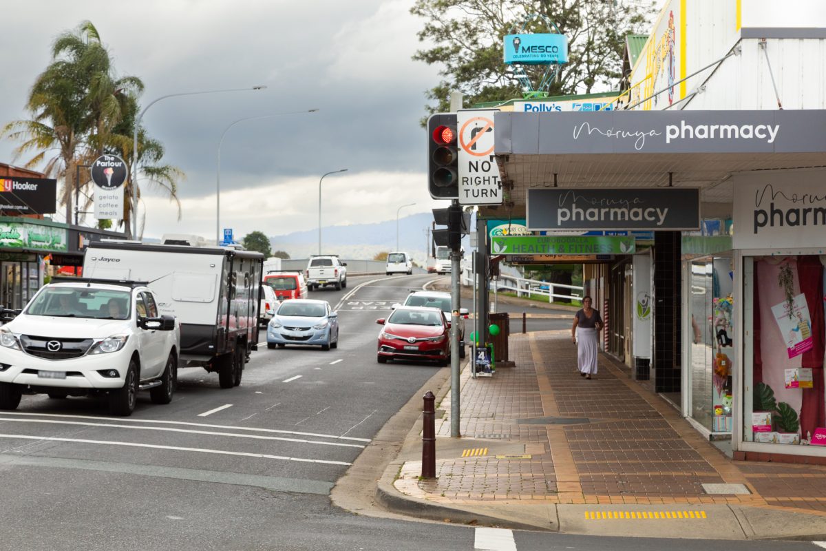Row of shops and traffic