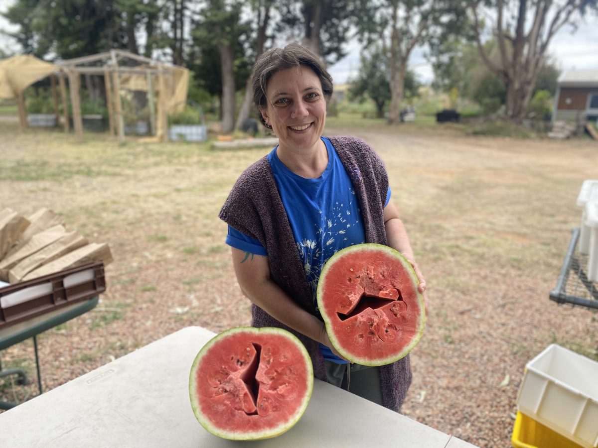 A woman holding a watermelon that was cut in half