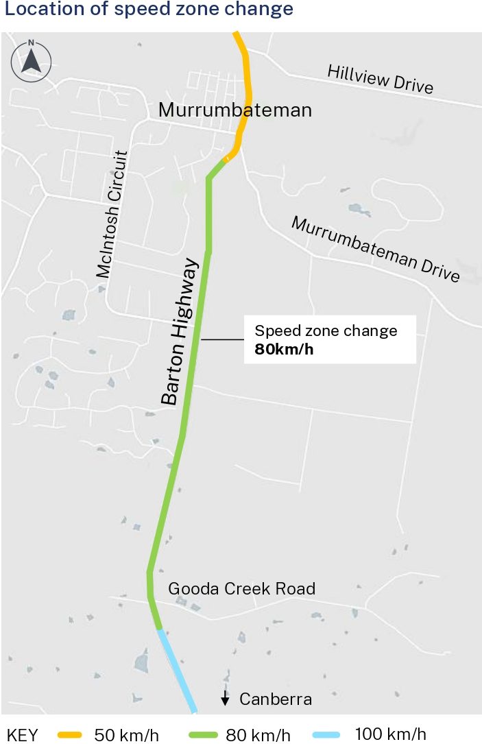 Map showing change to speed limit on Barton Highway