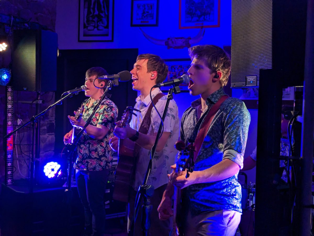Three musicians playing and singing on stage at pub