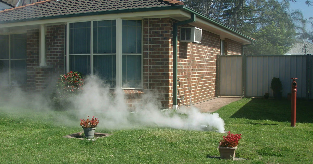 Smoke rising from the ground in front of a house