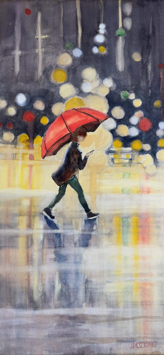 A painting of a woman holding an umbrella in the rain