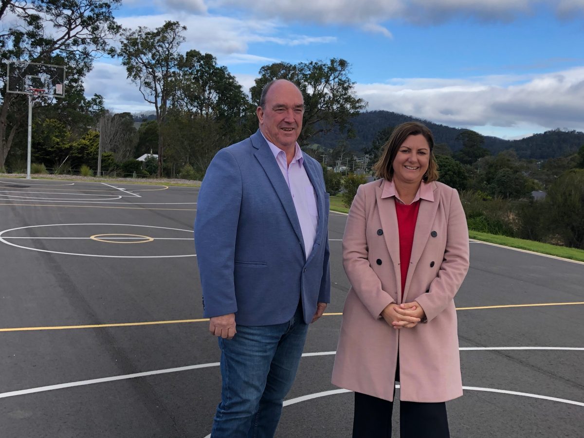 Bega Valley Shire Mayor Russell Fitzpatrick and Member for Eden-Monaro Kristy McBain at the Cobargo basketball court on Monday, 17 June. 