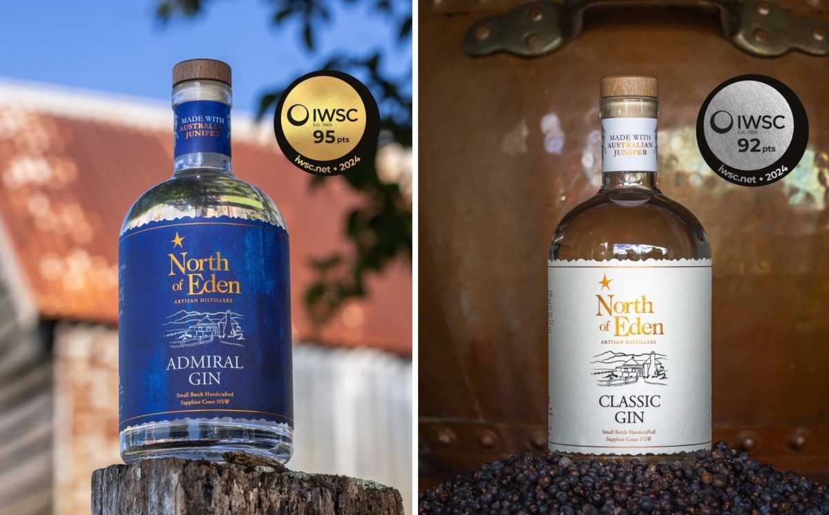 Side-by-side photographs of two different gin bottles