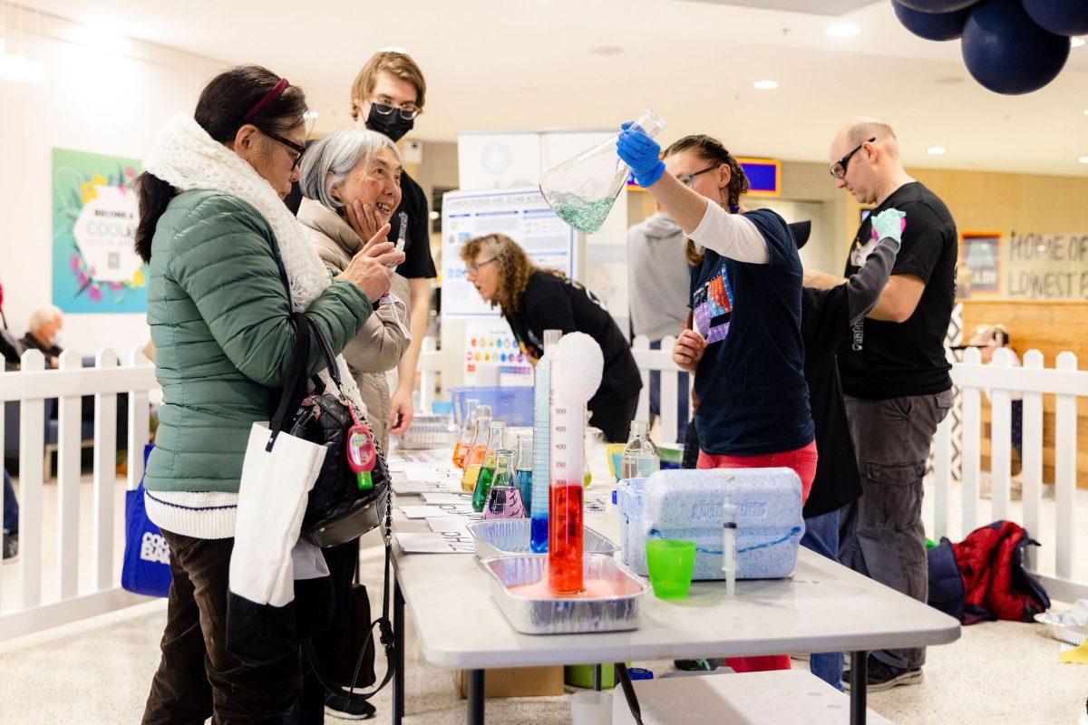 People interacting with liquids, beakers and measuring glasses