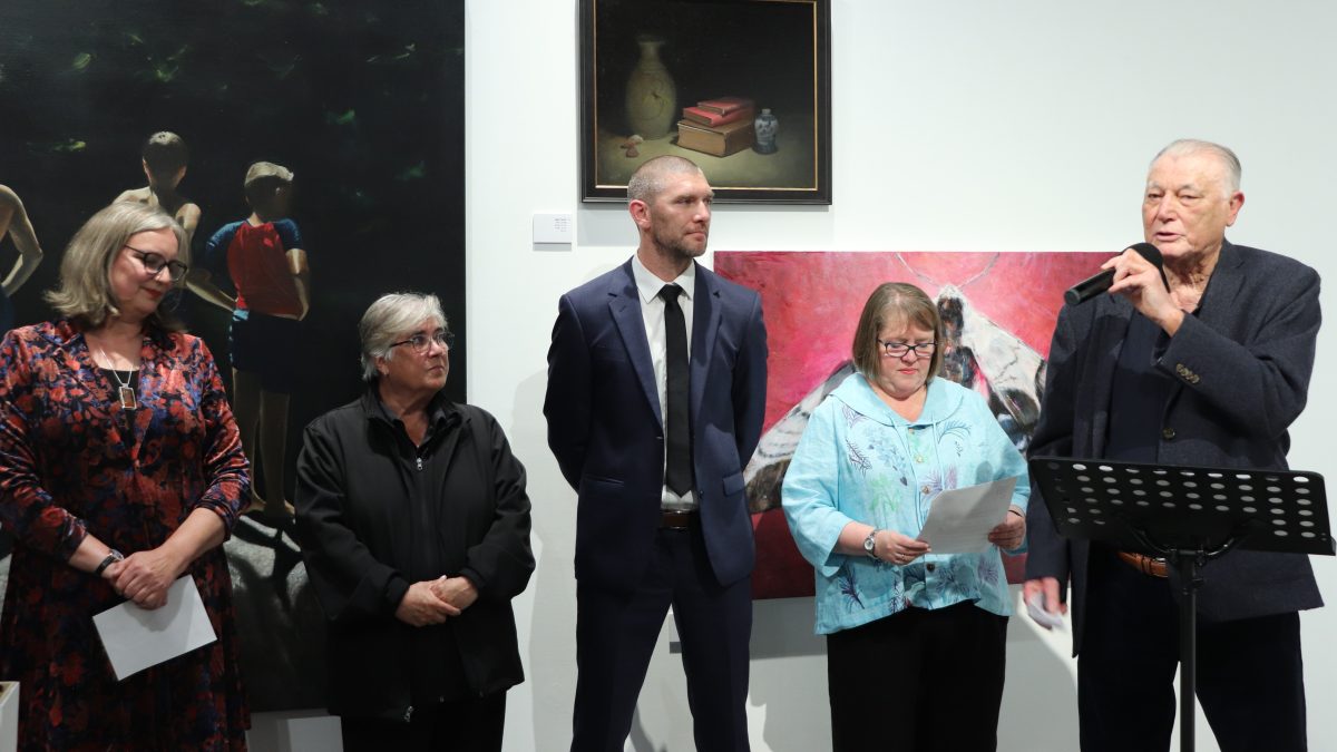 Basil Sellers AM at the opening of the 2022 Basil Sellers Art Prize. Pictured with Eurobodalla Shire Council coordinator of creative art development Indira Carmichael, Trish Ellis OAM, Mayor Mat Hatcher and Eurobodalla Shire Council director of community arts and recreation Kathy Arthur. 