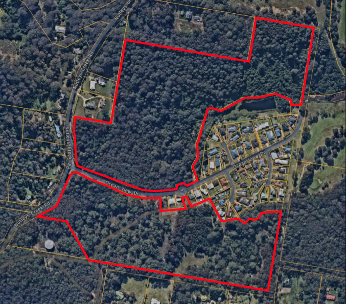 Aerial image of site for proposed development of 162 seniors dwellings in Nutleys Creek Road, Bermagui.