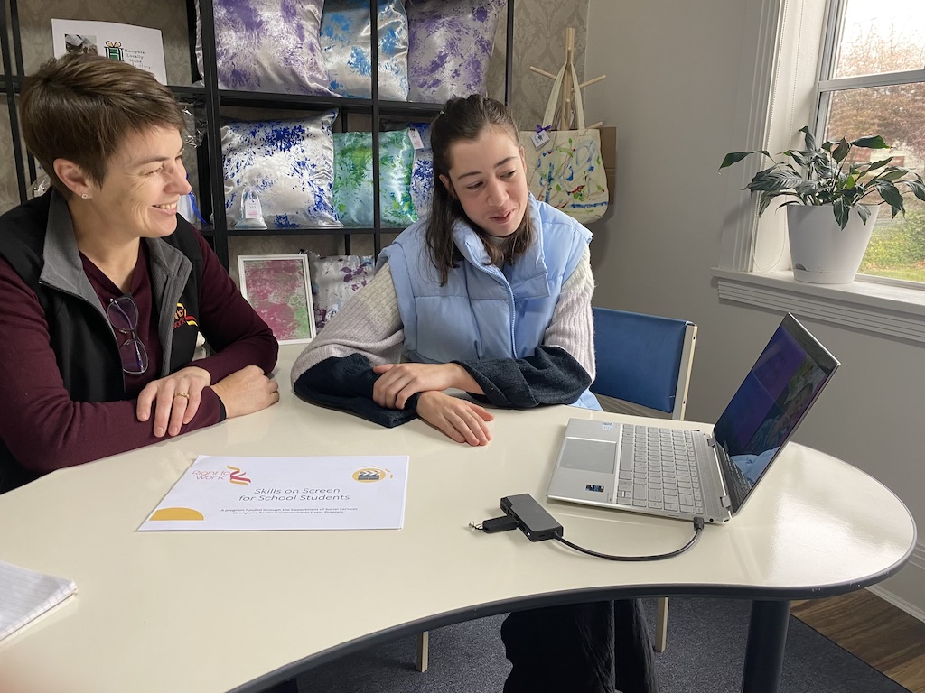 Right to Work co-founder Clare Jones and Nicole Schweers watch the Year 12 student’s video resume which introduces her and her skills to prospective employers.