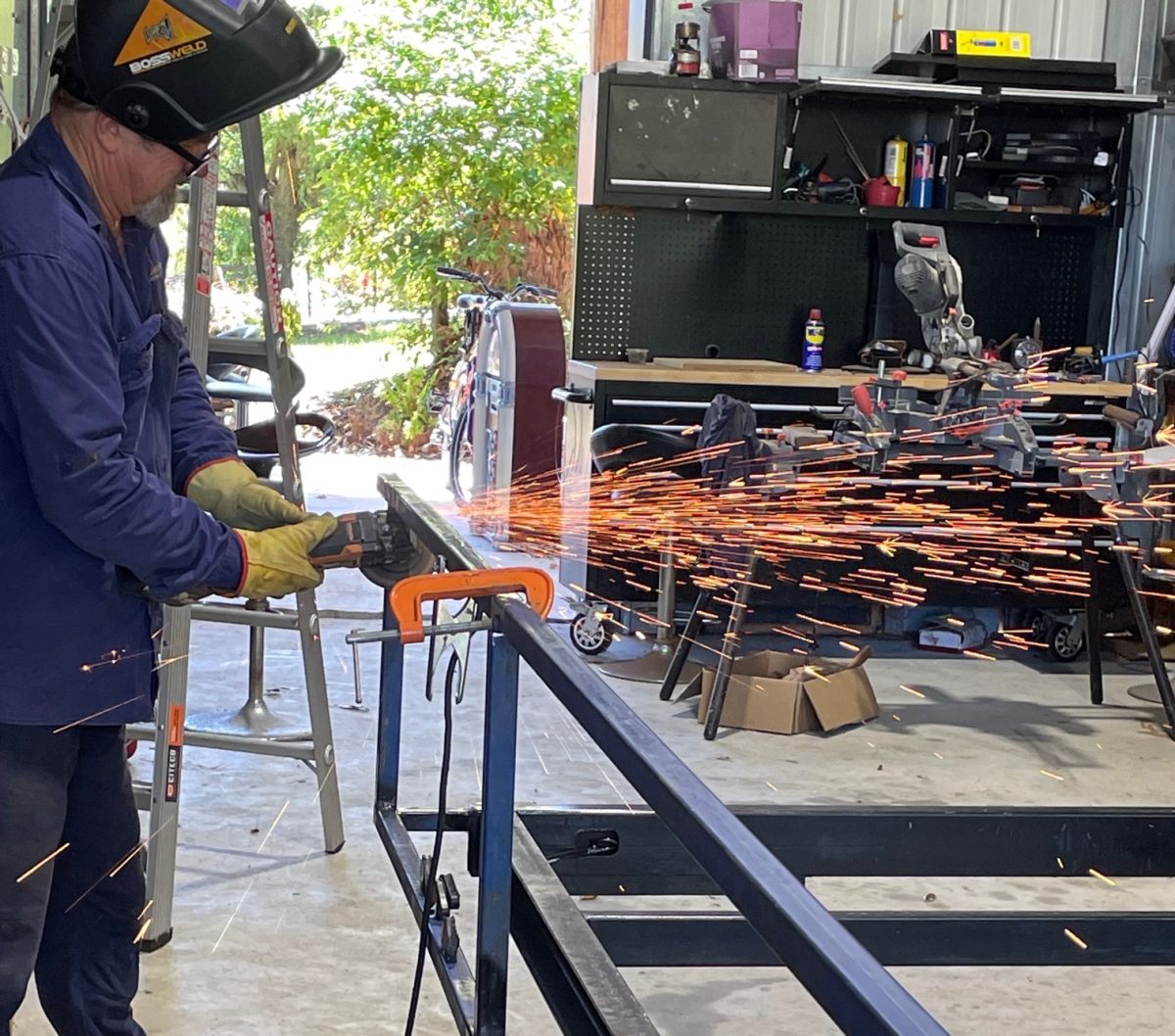 Stephen Cornthwaite welding the prototype mobile emergency power trailer.