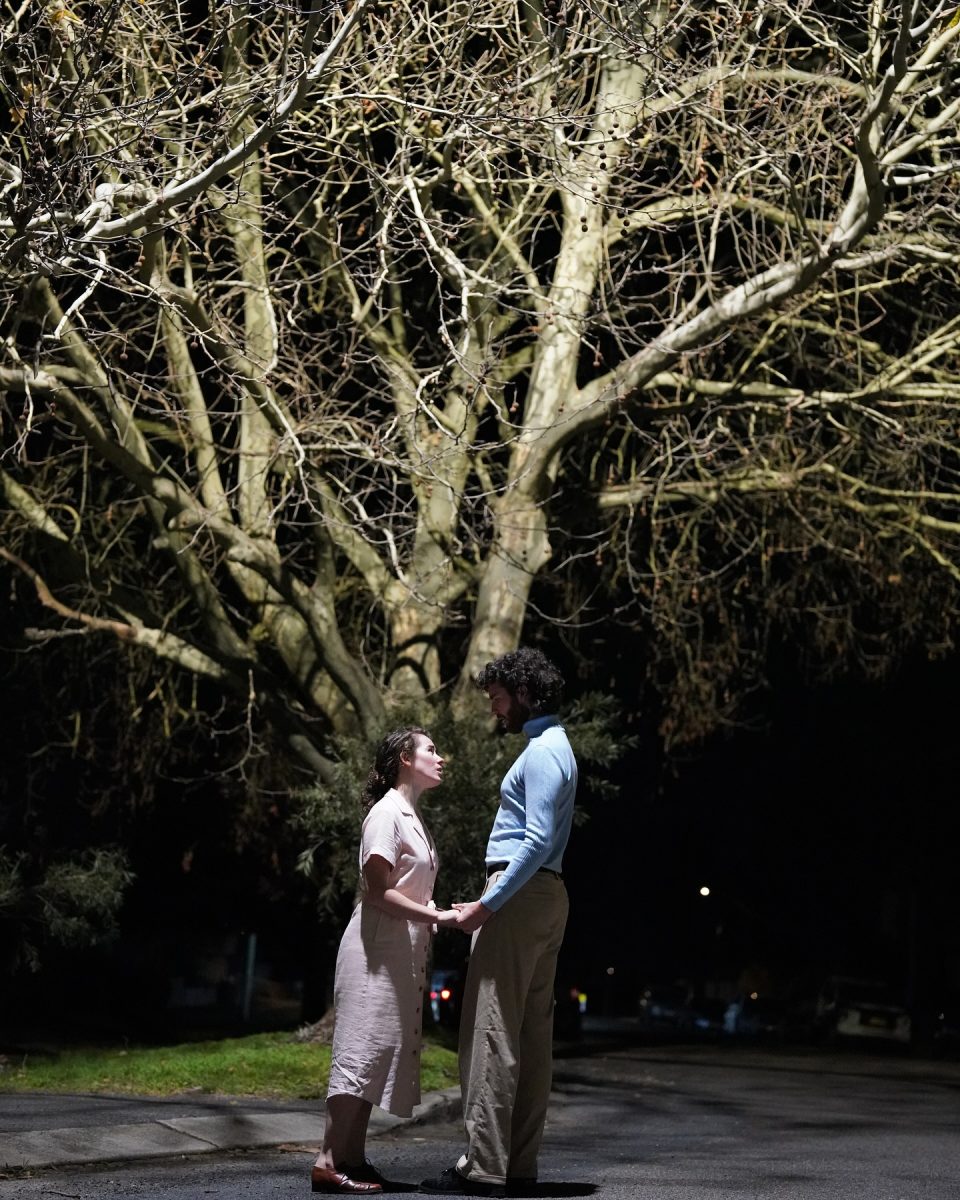 Two people holding hands in front of a tree