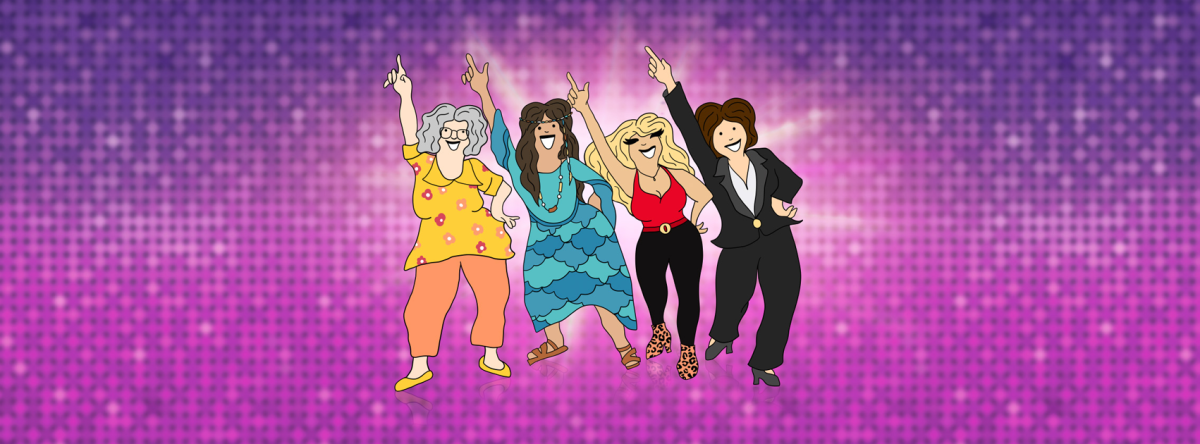 Four cartoon women on a pink and purple background