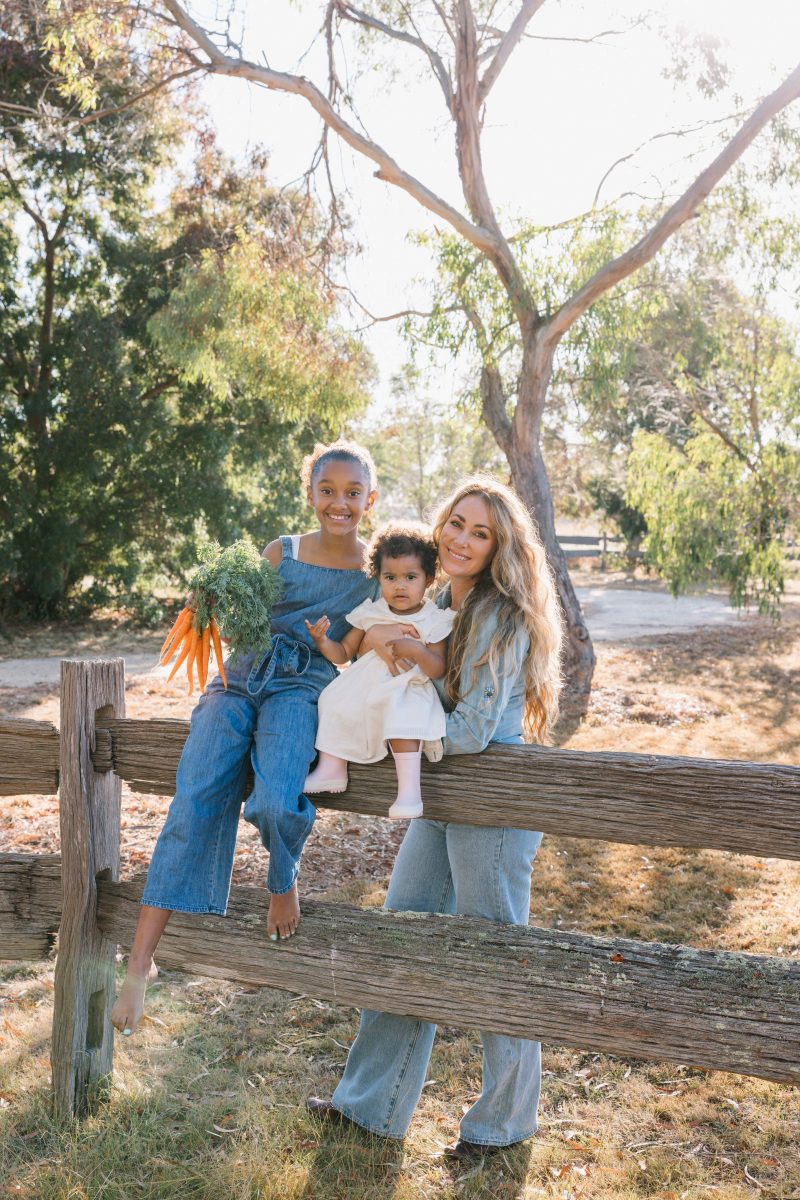 Woman with long hair and two children on wooden fence