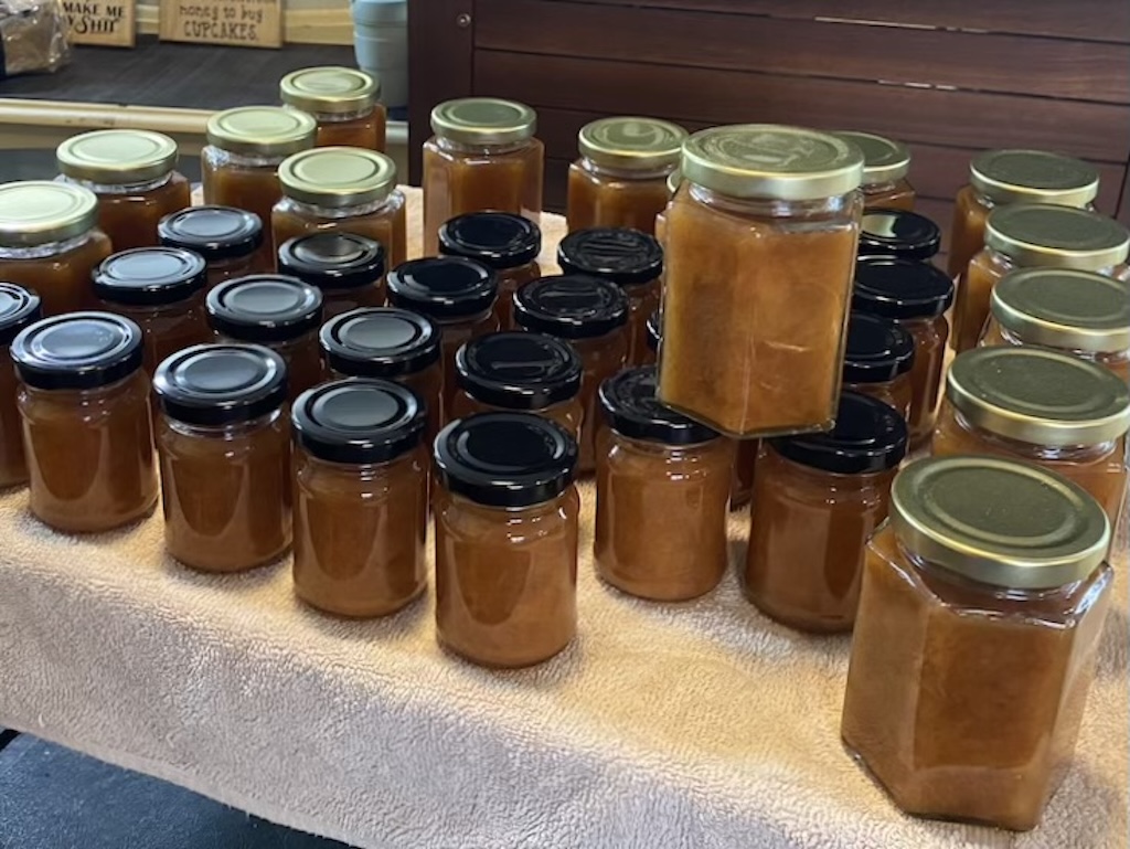 Homegrown peaches freshly stewed in jars await labelling at The Midge. Also on offer are Sharon Porter’s nectarine and pinot noir jam, kiwi and pineapple jam and pumpkin chutney made with pumpkin, apple, onion, raisins, vinegar, ginger, chilli and allspice.