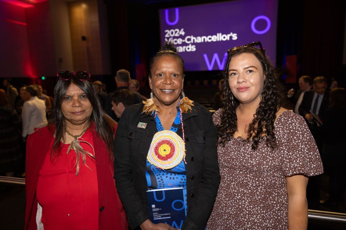 Aunty Ellen Mundy, Bronwyn Luff and Emma Stewart at the UOW Vice-Chancellor's awards earlier in August. 