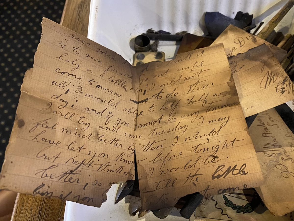 A letter found among the charred papers that fell from a smouldering mantlepiece at the Southern Railway Hotel in Goulburn.