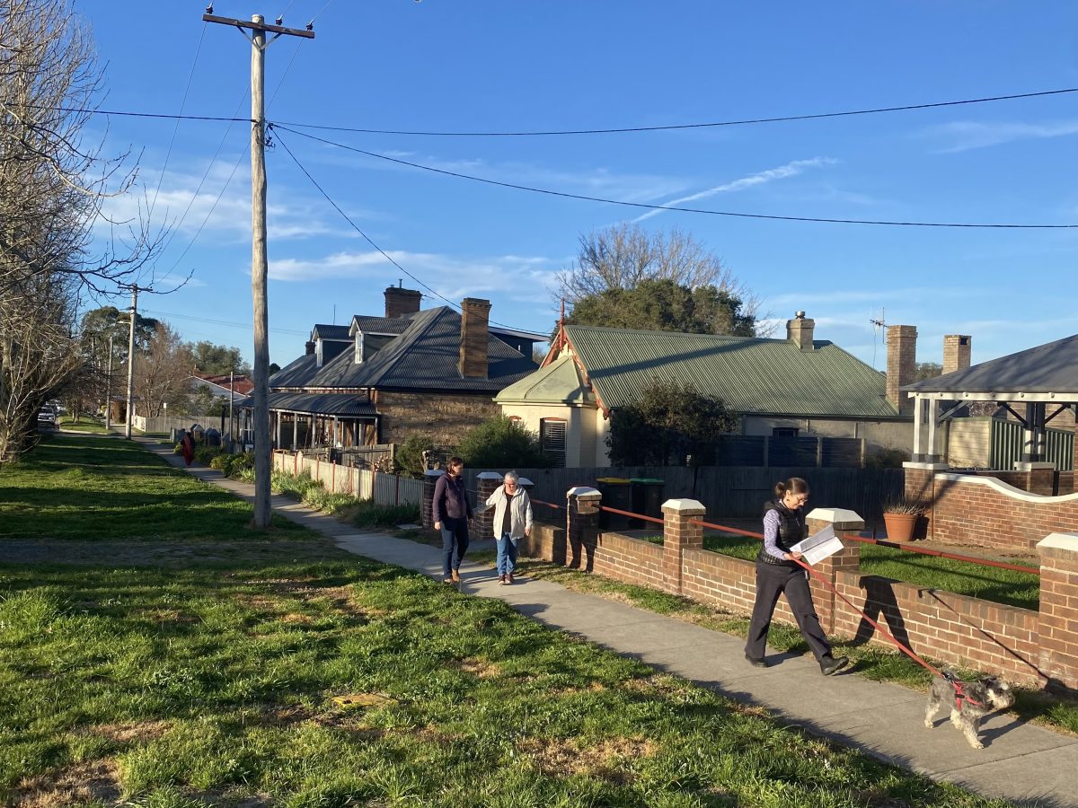 Meg Perriman, Shirley Benbow and Gillian Webber enjoy the green, tree-lined street outside their homes in Auburn Street, Goulburn.