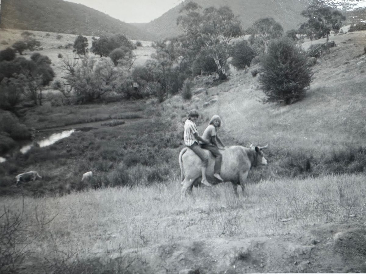 two girls sitting on one of their cattle