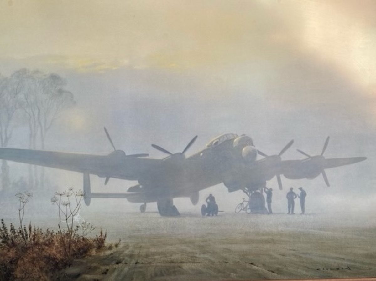 painting of a warplane and airmen