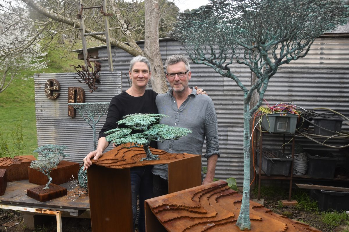 Bega Valley's Rachel Burns and Ulan Murray with some of their distinctive sculptures. 