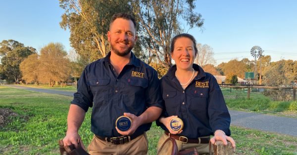 Holbrook's Nat and Fonz Corbett get set to launch their magic leather-care balm at Henty Field Days