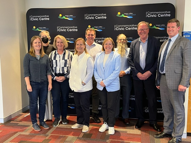 Sally Christiansen, Alex Young, Maryanne Stuart, Judy Hannan, Clayton Barr, Sally Quinnell, Nick Summers, Dr Michael Holland and Sam Tierney at the roundtable discussion about zombie DAs in Bega on 9 September. 